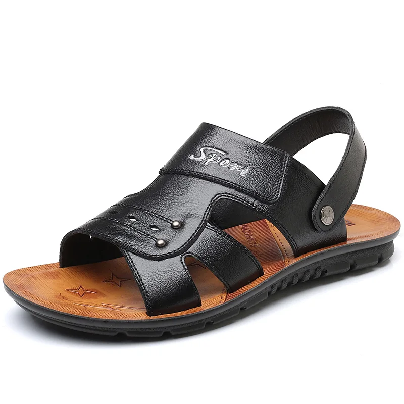 Г. Летние мужские сандалии большого размера модная пляжная обувь из натуральной кожи в британском стиле мужские повседневные массажные Нескользящие шлепанцы на плоской подошве - Цвет: Черный