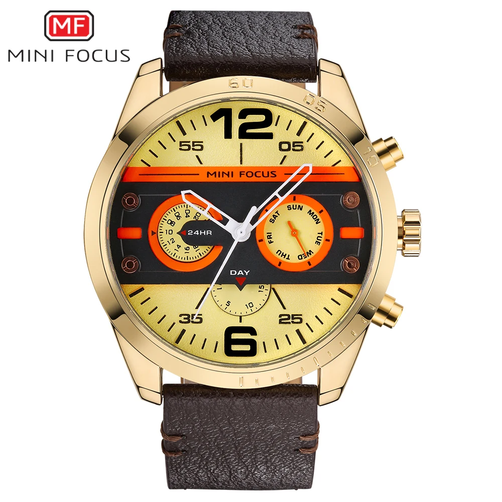 

MINI Focus 3ATM WaterProof Quartz Men Watch Genuine Leather Watches Sports Military Style Chronograph Man Wristwatch + Box