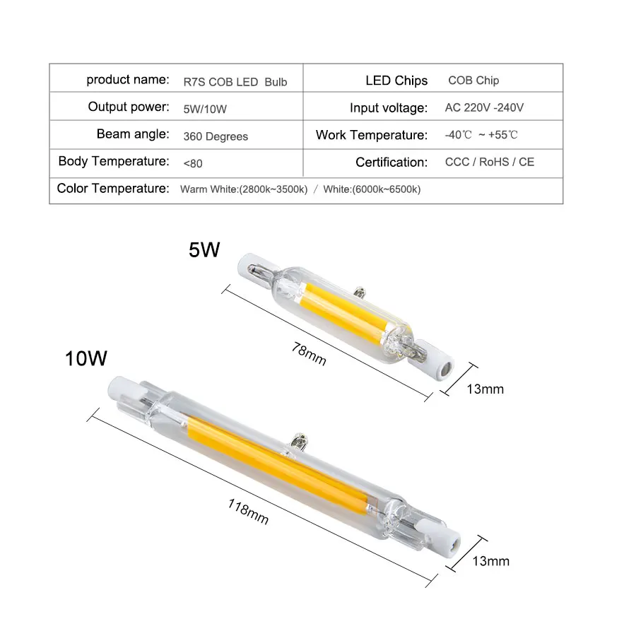 R7S светодиодный лампы 78 мм 118 мм 220 В ампулы COB светодиодный R7S лампочки 5 W 10 W Стекло трубка Мощные светодиоды r7s J118 энергосберегающие лампы