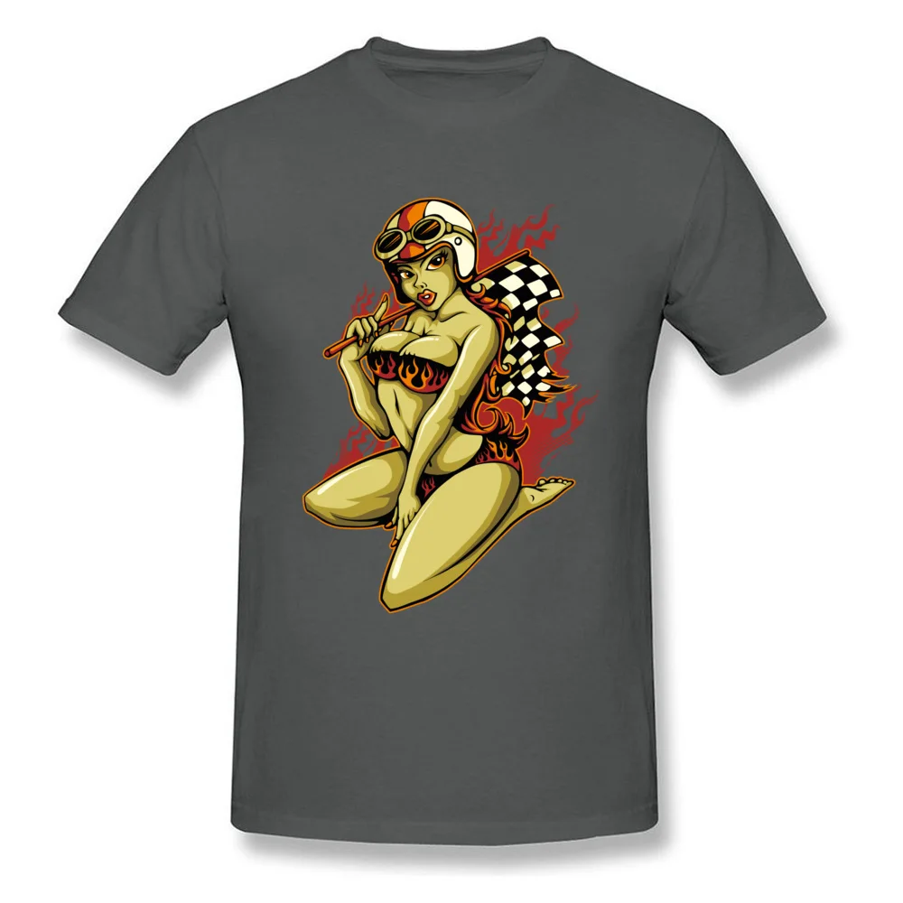 Printed On Tops & Tees Faddish O Neck comfortable Short Sleeve All Cotton Male T-shirts Personalized Tees Free Shipping Hot Pin Up Girl with Racing Flag carbon