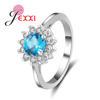 

Sea Blue Round Rhinestone Rings For Women 925 Sterling Silver Anniversary Ring Jewelry Best Gift For Wedding Anel