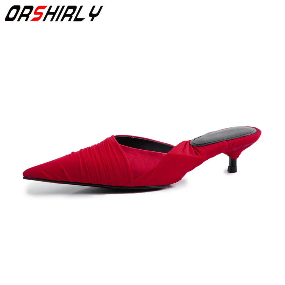 

Orshirly Women Mules Shoes 2019 spring Med Heels Pointed Toe Silk Pleated slip on Pumps sheepskin nsole Casual Fashion Slippers