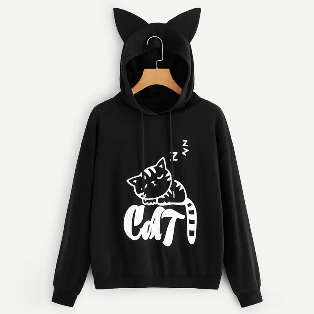 

Fashion Women Cat Print Long Sleeve Hoodie Sweatshirt Hooded Pullover Tops Blouse
