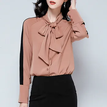 

fall Spring Fashion Office Lady Women Full Sleeve Patchwork Bow Neck Chiffon Blouse , Autumn Elegant Woman Xxl Cardigan Blouses