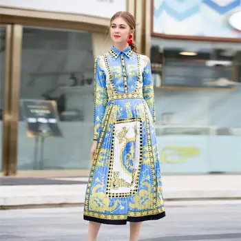 

Women Runway Dress 2019 High Quality Spring Summer Turn-Down Collar Long Sleeve Print Pleated Elegant Ladies Dresses NP0131N