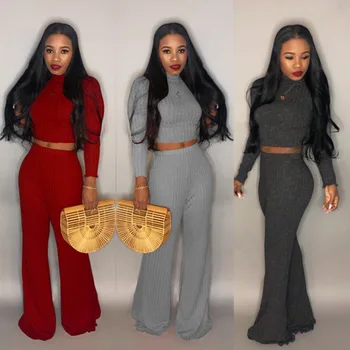 

Tsuretobe Fur Knitting 2 Piece Set Women New Winter Fashion Turtleneck Tops And Wide Leg Pants Bodycon Casual Two Piece Set Slim