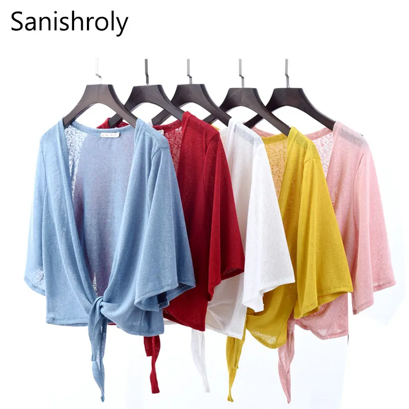 Sanishroly Spring Autumn Women Short Cardigan Coat Casual Loose Thin Lace Cardigans Female Tie Bow White Outwear Plus Size SE651 | Женская