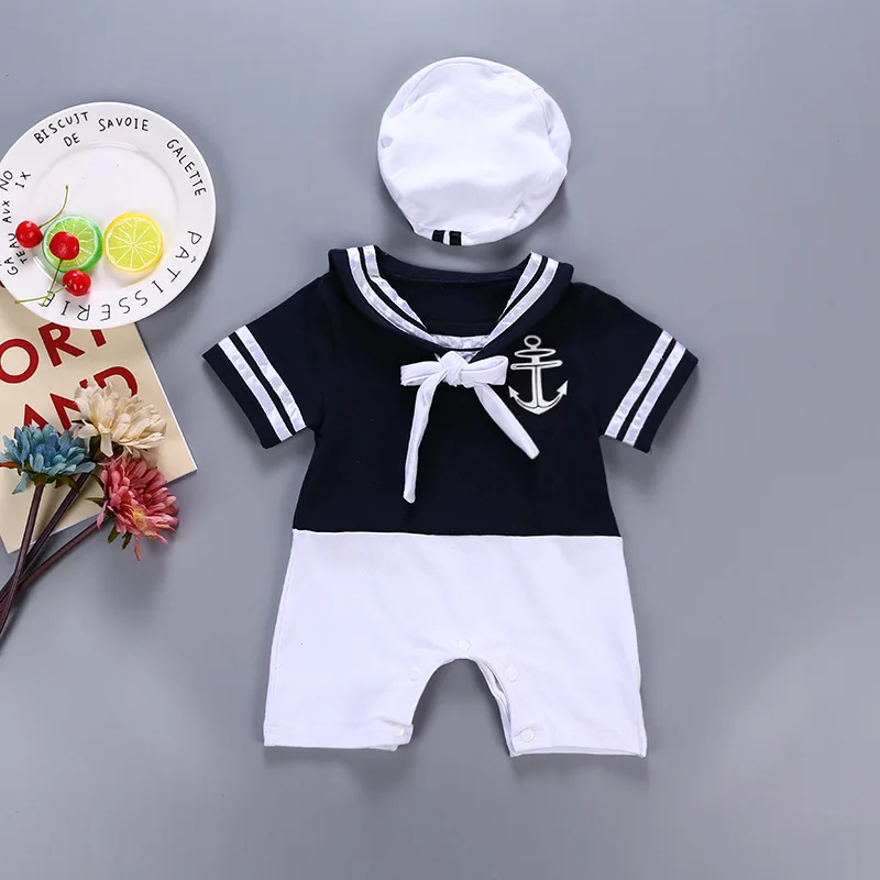 Одежда для малышей летний детский костюм моряка Детский комбинезон из 2 предметов для мальчиков и девочек, Летний комбинезон+ шапочка, платье для дня рождения Одежда для новорожденных, унисекс