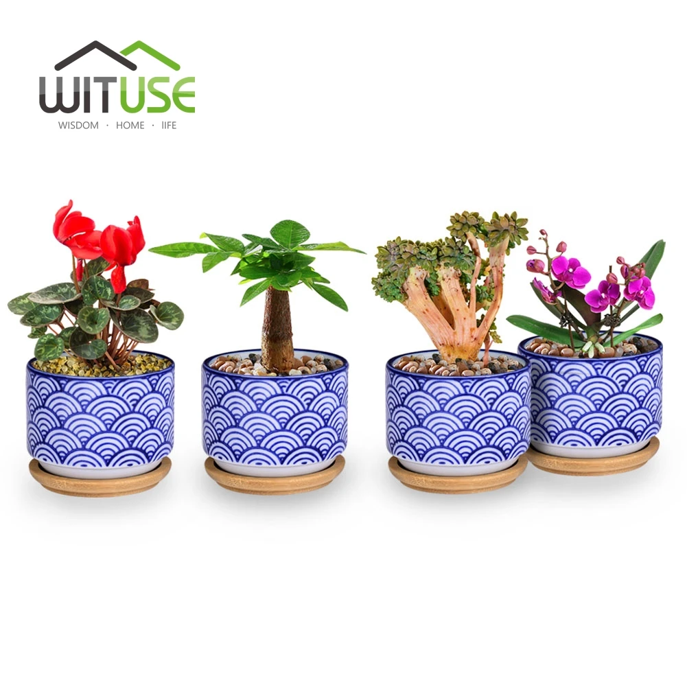 

New 4x Flower Pot with Hole Glazed Ceramic Flowerpot Garden Decoration Planter Cute Succulent Plant Porcelain Vintage Desktop
