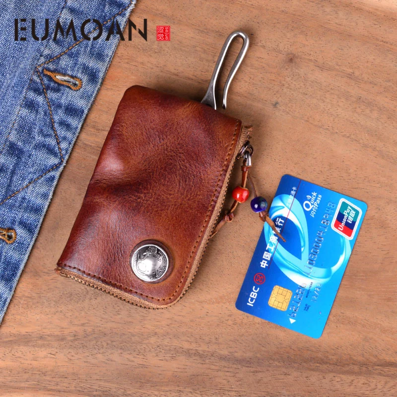 

Genuine Leather Mini Men women Coin Purse Vintage Vegetable Tanned Cowhide Thin Zipper Small Wallets Cards Holder key wallet