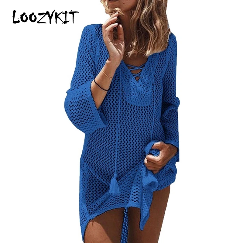 

Loozykit New Beach Cover Ups Bikini Crochet Knitted Tassel Tie Beachwear Women Summer Cover Up Dress Sexy Beach Wear Sundress