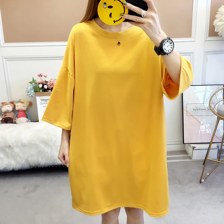 Женская длинная футболка большого размера с коротким рукавом, нижняя часть тела, футболка из хлопка, свободная тонкая модная длинная футболка для женщин - Цвет: yellow