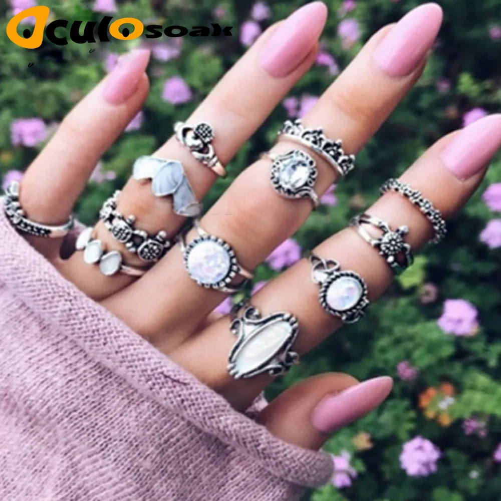 

12PCS Vintage Women's Boho Crystal Flower Knuckle Tension Setting Ring Tibetan Turkish bague femme de marque de luxe