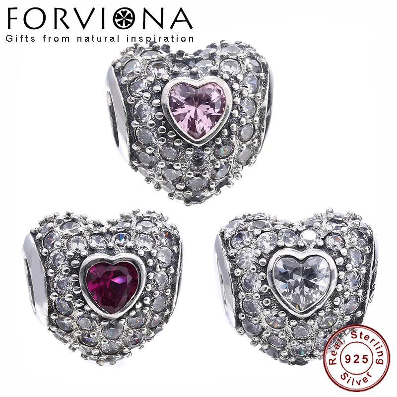 

100% Real 925 Sterling Silver Bead Crystal Heart Charm Fit Original Pan Charms Bracelet DIY Silver Jewelry Making