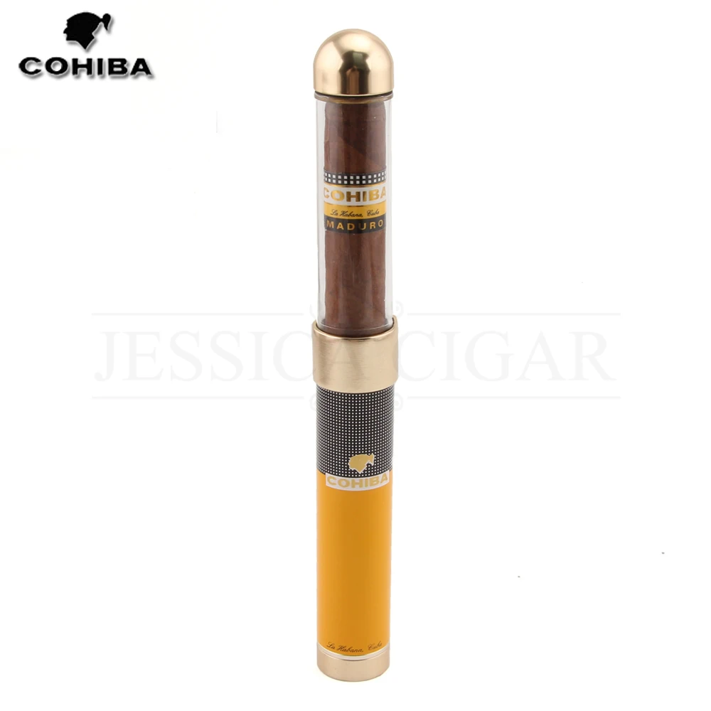 COHIBA металлическая прозрачная дорожная трубка для сигар Humidor мини-портсигар портативная коробка для сигар держатель с увлажнителем Fit 1 Cuba Cigar