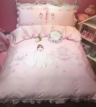 

Pink Cartoon Princess 3D Embrodiery 80S Egyptian cotton Bedding Set Duvet Cover Bed Linen Bed sheet Pillowcase Gift For Child