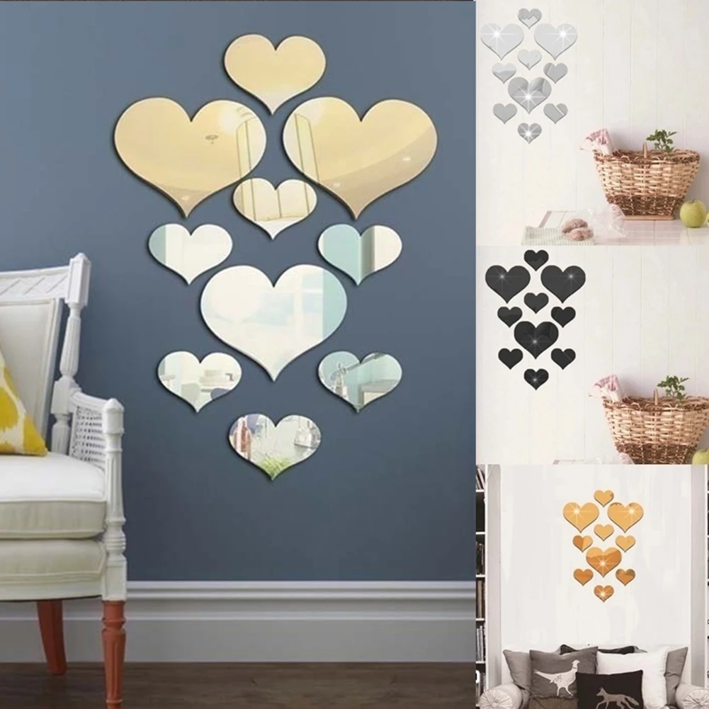 10 個ロマンチックな愛のハート 3d ミラー効果の壁アートステッカーウォールステッカーの家の装飾 Wall Stickers Aliexpress