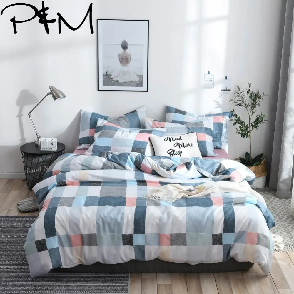 

Papa&Mima Colored grid print bedding sets Cotton bedlinens Twin Queen King size flat sheet pillowcases duvet cover sets