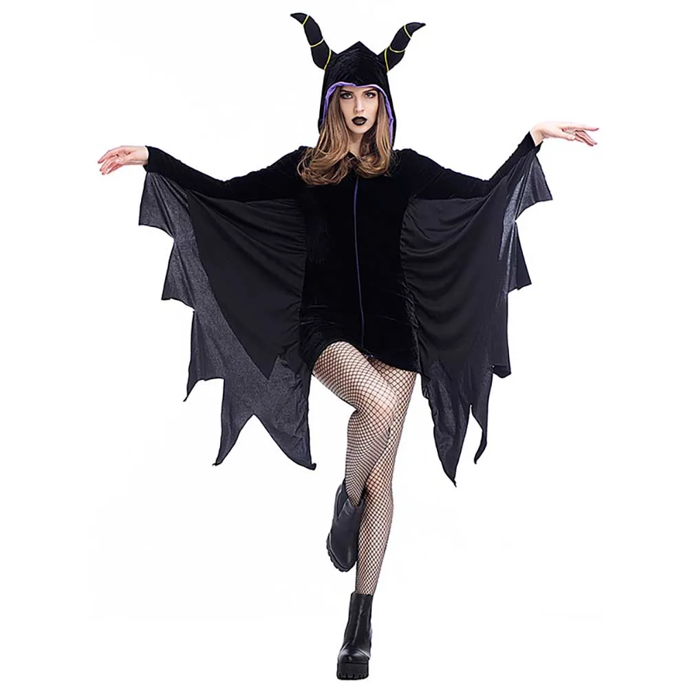 Maleficent Evil Demon Sorceress Costume Black Batwing Mini Dress Magic