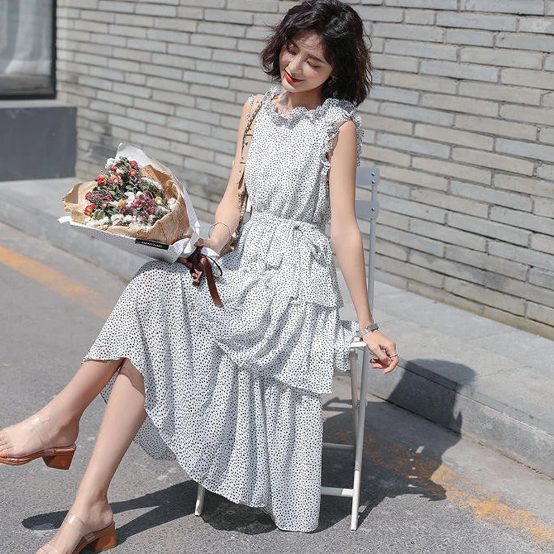 

BGTEEVER 2019 Vintage Chiffon Dot Dress Sleeveless Ruffles Women Summer Midi Dress Casual Sundress Female Layers Beach Dress