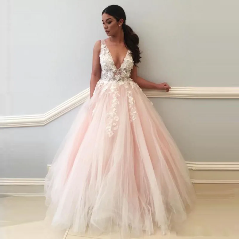 3D Floral Appliques Long Prom Dresses Sexy Deep V-Neck Party Dresses Floor Length Open Back Tulle Fashion Women Evening Gowns139