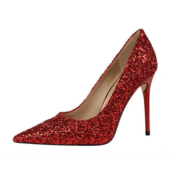 

BIGTREE Women Pumps Nice Sexy High Heels Pointed Toe Party Shoes Woman Wedding Office Pumps Red Sequins Zapato Mujer K128