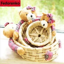 Плетеные соломенные корзины для хранения из трех предметов с милым мультяшным медведем, куклы для животных, маленькие игрушки для мелочей