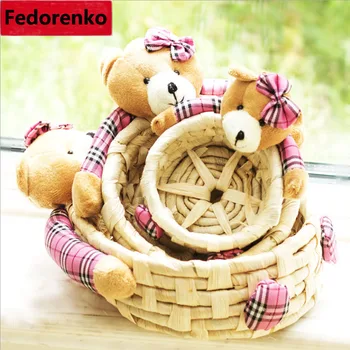 

Three-piece woven straw storage baskets with Lovely Cartoon bear animal dolls small M lagre sundries cesta baby toy straw-basket