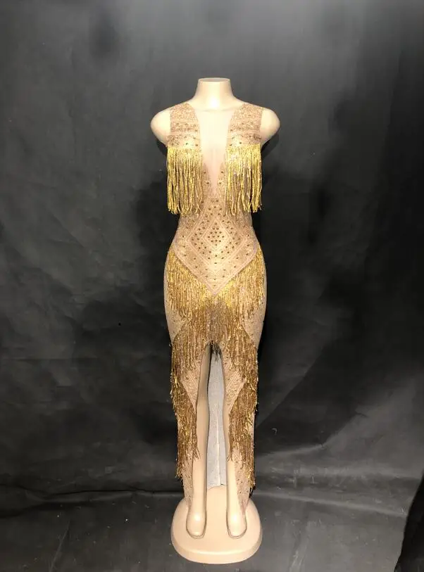 Женское сексуальное сценическое длинное платье с золотыми кисточками и сверкающими кристаллами, DJ костюмы для ночного клуба, дня рождения, вечеринки, сценическое танцевальное платье - Цвет: Dress