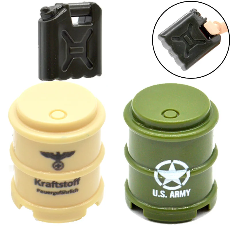 

10pcs/lot MOC WW2 Military Oil Drums and Oil Pot Barrel Printed US Army Part Building Blocks Toys for Children