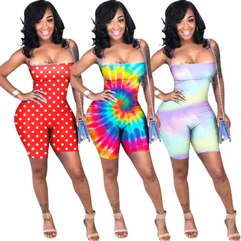 

Summer Women's Street Hipster Short Jumpsuits Multicolor Tie Dyed Rainbow Color Wave Point Strapless Sexy Jumpsuit Plus Size