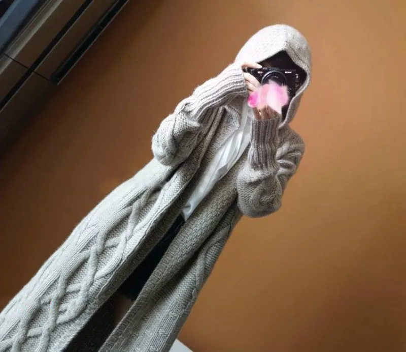Модный кашемировый осенний женский Винтажный Длинный вязаный кардиган, пальто, Женский Свободный вязаный свитер с капюшоном