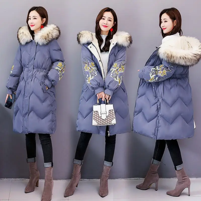 Manteau 2019 X118 ivoire Chaud Slim D'hiver Duvet Canard Fleurs wumai Épaissie Fourrure Outercoat Impression Long Col Blue À Femmes Big Capuchon De Noir rUxqBwXr8