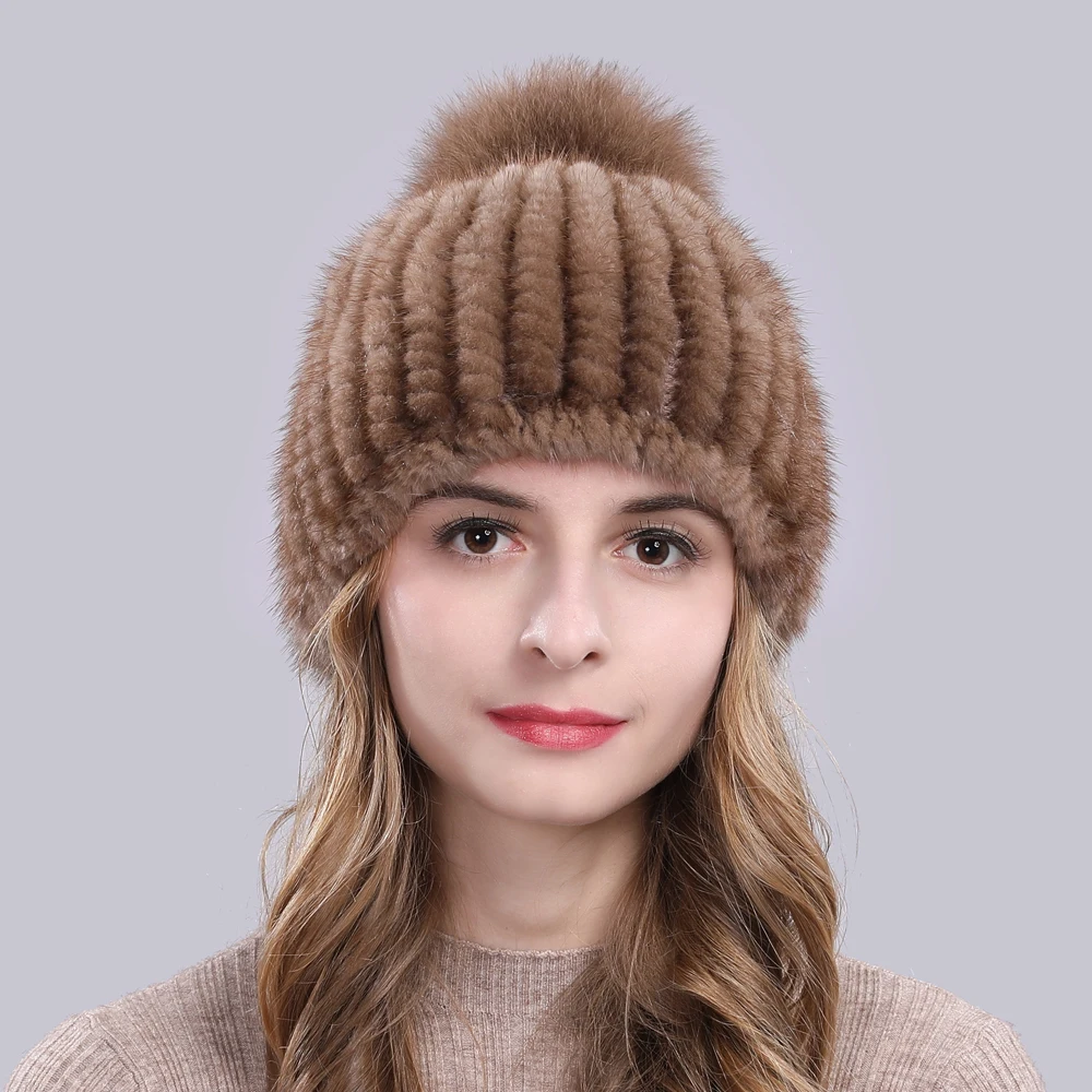 Lovely Real Mink Fur Hat Women Winter Knitted Real Mink Fur Beanies Hats With Fox Fur Pom Poms New Thick Real Mink Fur Cap