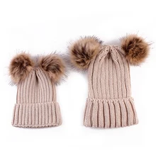 2 PCS Set Family Matching Hat Autumn Baby Girls Boys Winter Warm Gorros Para Bebe faux Fur Pompom Ball Kids Knitted Beanies Hat