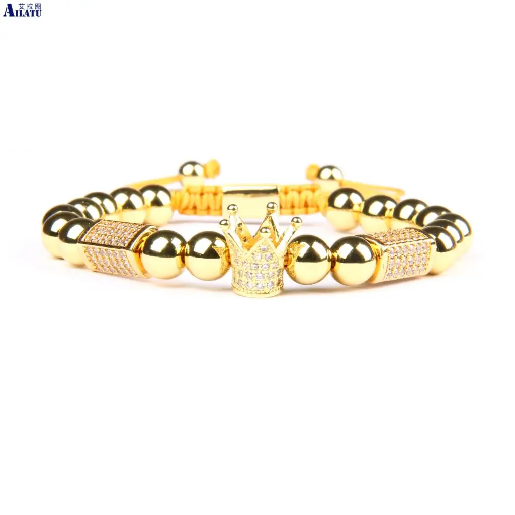 

Ailatu New Luxury Men and Women Gold & Black Crown Macrame Bracelets Top Quality 8mm Beads