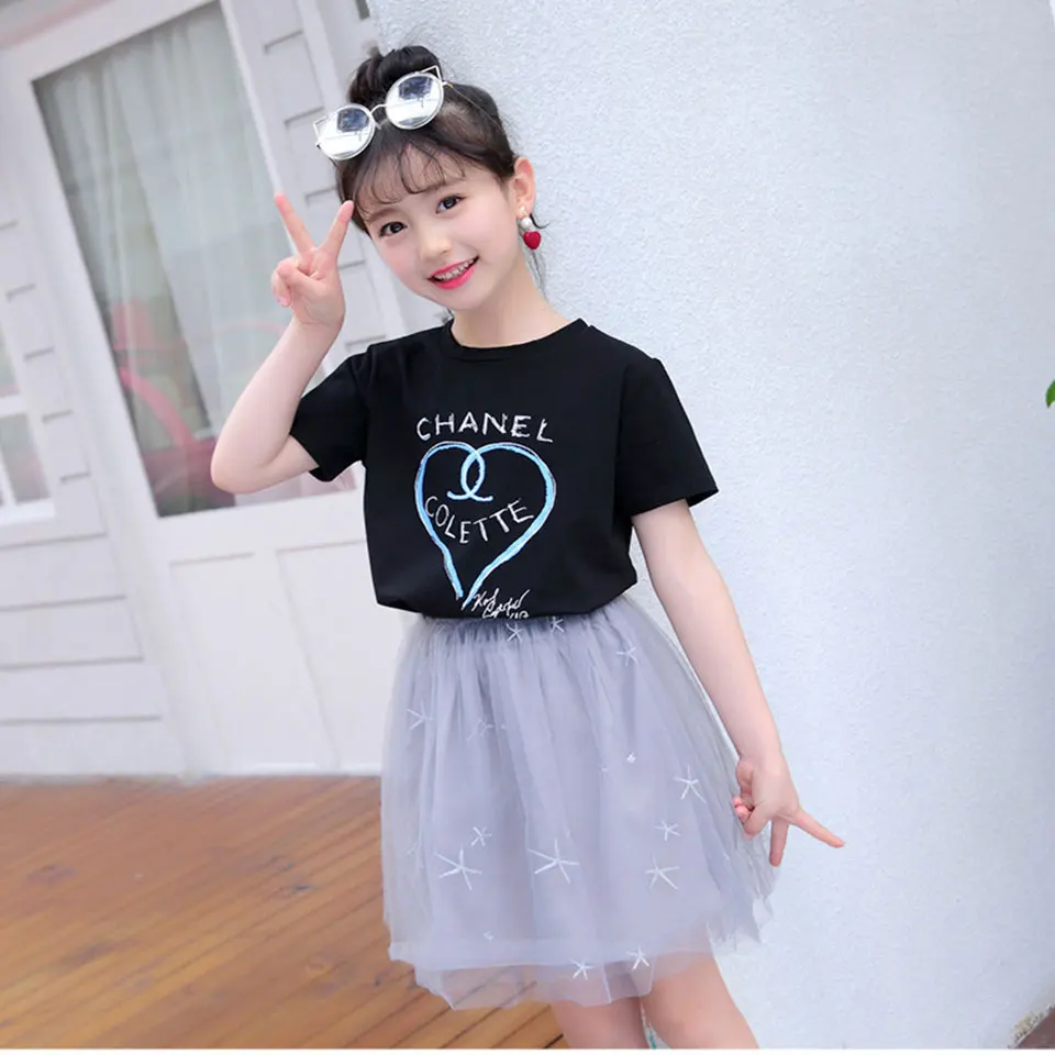 

Fashion Baby Girls Clothing Sets New Summer 2018 Short Sleeve Tops T Shirt+ Voile Skirt 2 Pcs Suit Casual Children Clothes