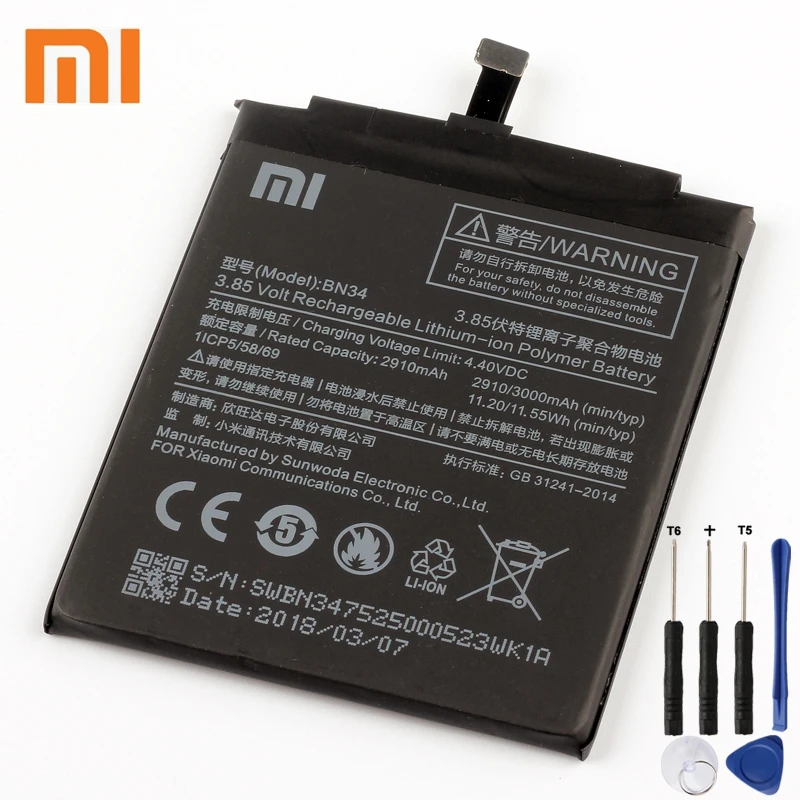 

Xiao Mi Xiaomi BN34 Phone Battery For Xiao mi Redmi 5A Redrice 5A 3000mAh BN34 Original Replacement Battery + Tool