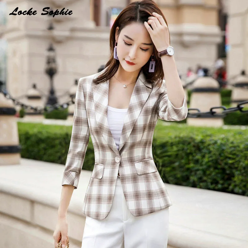

1pcs Womens Plus size Blazers coats 2019 Summer cotton Single buckle plaid Small Suits jackets ladies Skinny Blazers Suits coats