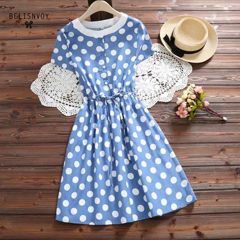 

Mori Girl Sweet Dress 2019 New Fashion Women Short Sleeve Polka Dot Summer Dresses Female Slim Waist Blue Cotton Vestidos S-XXl