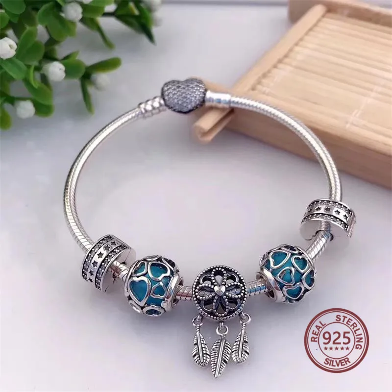 

Kristie Summer New Rainbow Series Hollwo Heart Blue Charm Bracelet Original Luxury Jewelry For Women 925 Silver