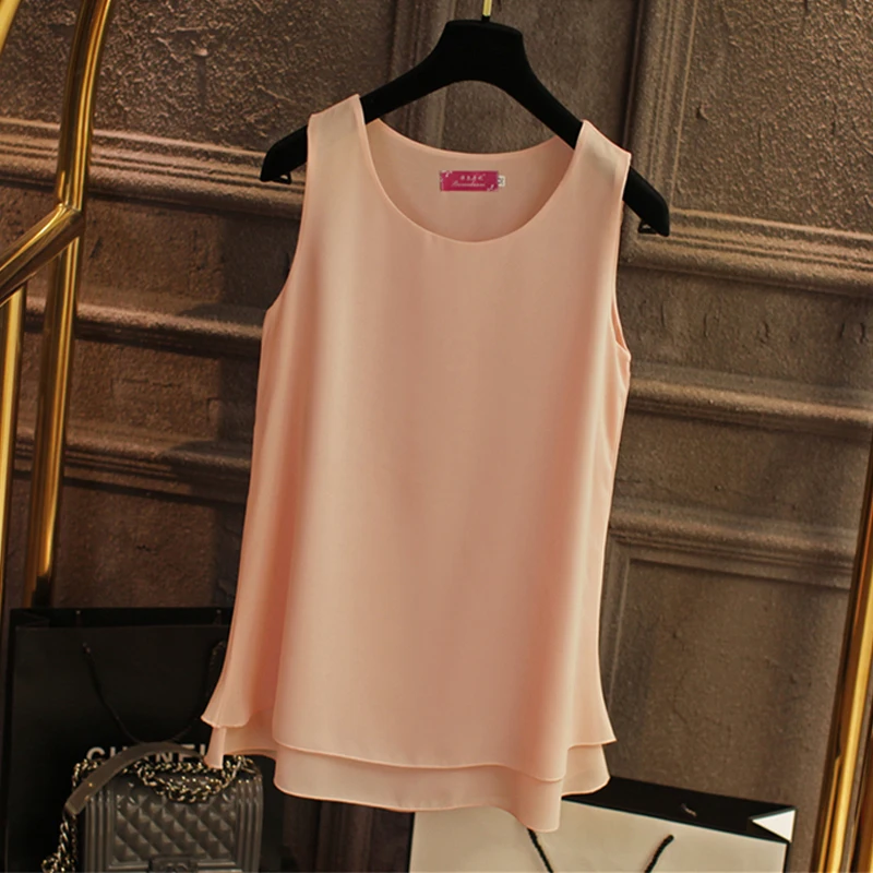2019 New Solid color Women Long Chiffon shirt summer Casual Top plus size S-6XL Loose sleeveless Blouse Double chiffon Blouses