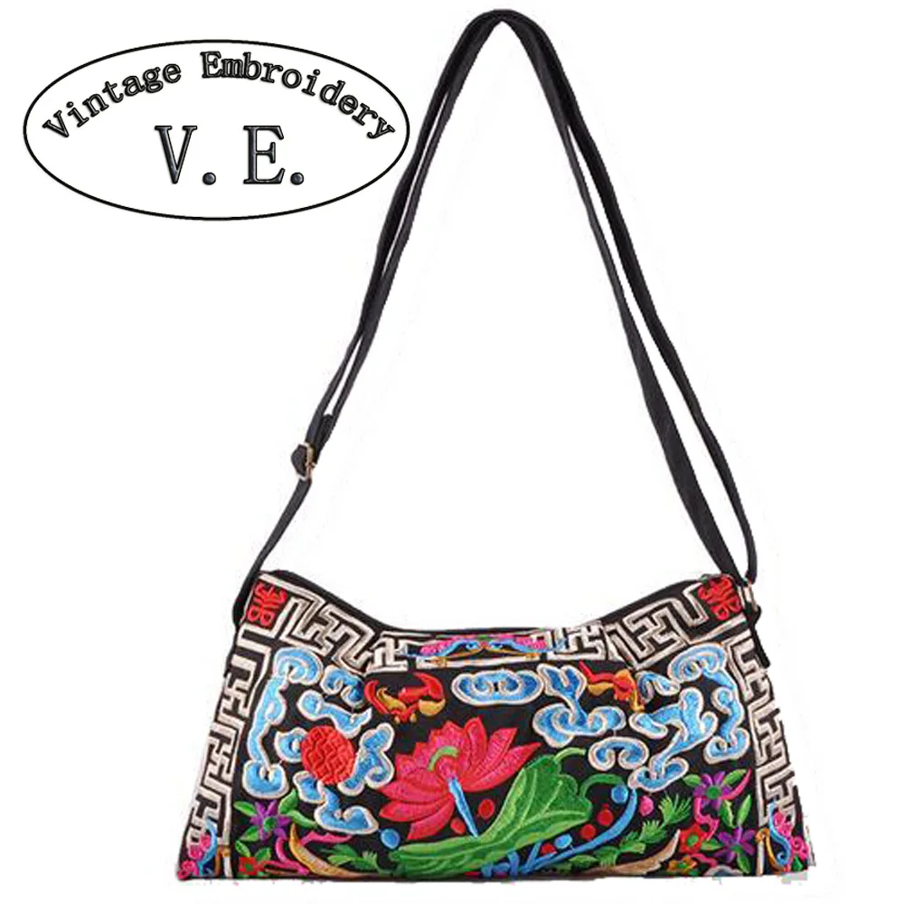 National Trend Embroidered Bags Double Faced Embroidery Flower Canvas Vintage Women Shoulder