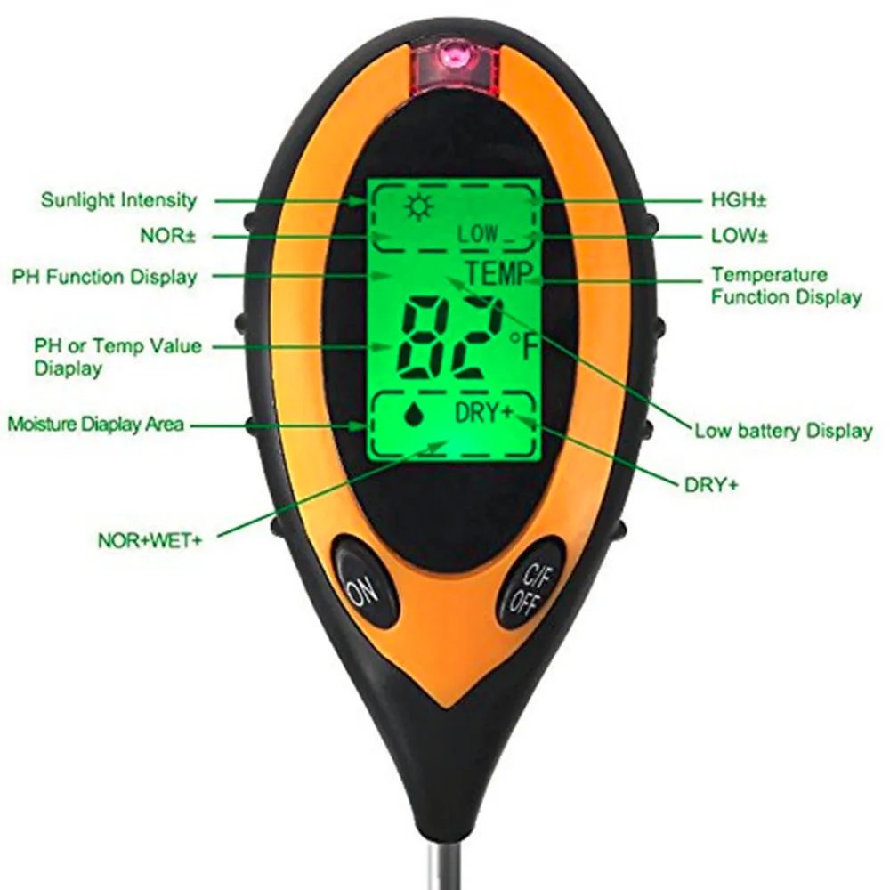 Прибор для исследования почвы 4 в 1, светильник для измерения PH влажности почвы, термометр, измеритель PH, тестер на солнцезащитный светильник, горячая распродажа