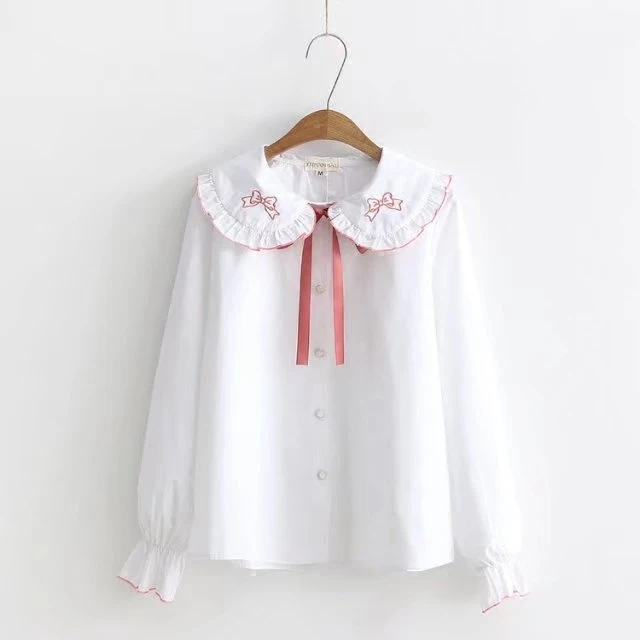 2018 Spring New Fashion Bow Embroider Chiffon Shirt Female