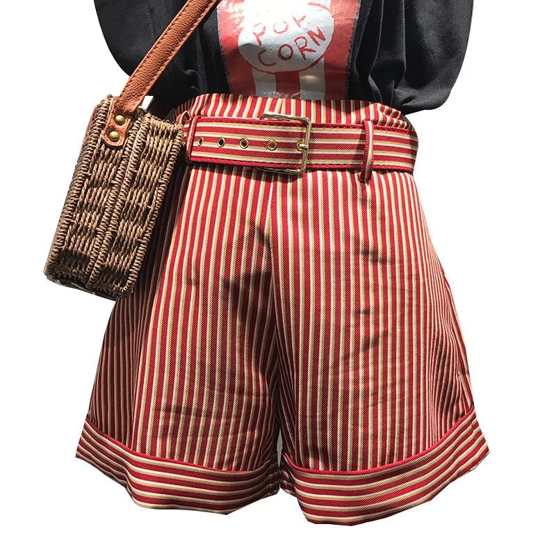 Waist Bandage Red Striped Casual Shorts Women 2018 Summer New Loose All-match Office Lady Vogue Straight Short Pants Short Mujer