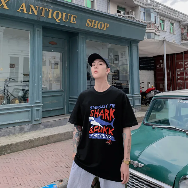 black 2019NEW хлопок Пара Одежда японский street корейский стиль Для женщин футболка АКУЛА летом Modis Белый негабаритных Топы женские - Цвет: black