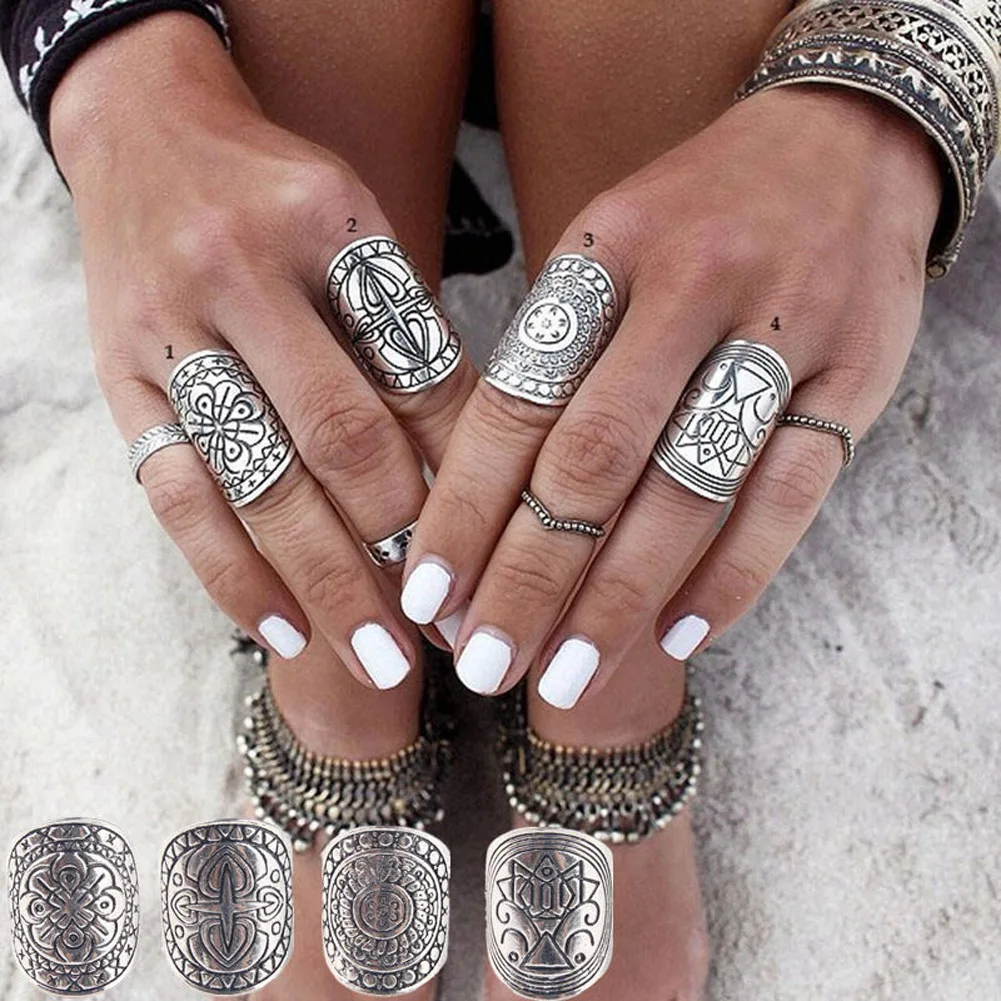 

1 PCS Vintage Punk Rings Unique Carved Antique punk Totem Lucky Rings for Women Boho Beach bohemian Jewelry