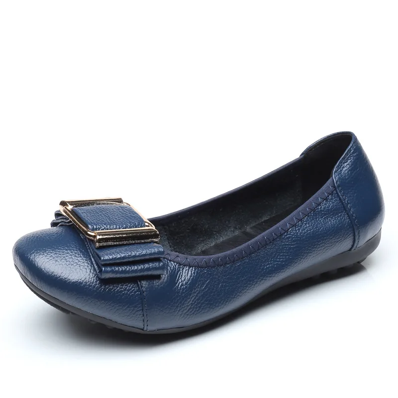 OUKAHUI/элегантные туфли из натуральной кожи на плоской подошве; сезон весна-осень; женские балетки; плоские на низком каблуке; туфли без каблуков с бантом; повседневная женская обувь; 43 - Цвет: Blue
