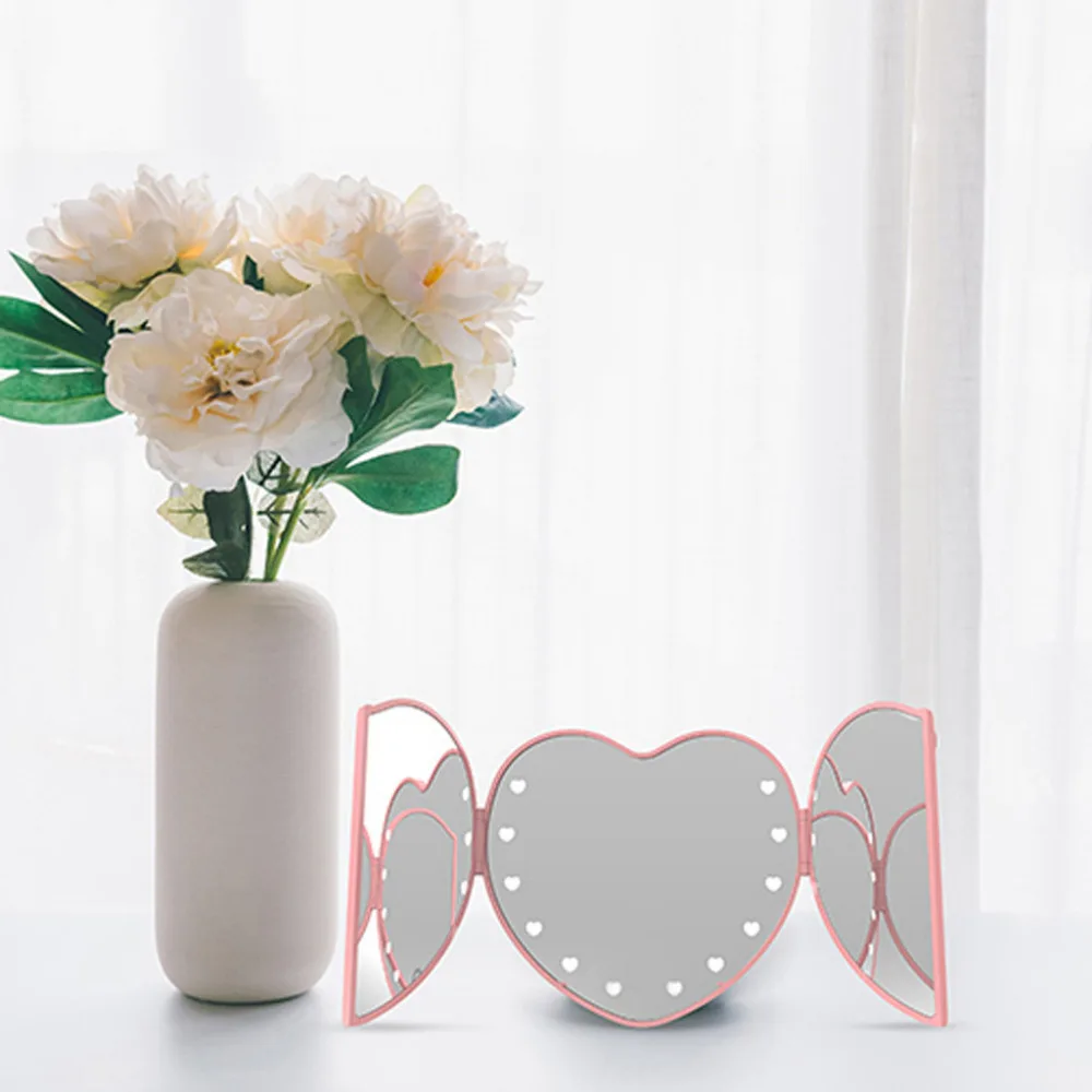

Lovely Heart-shaped Cosmetic Mirror Foldable Three-sided LED Mirrors Fashion Vanity Makeup Mirror Tabletop Folding Free Shipping